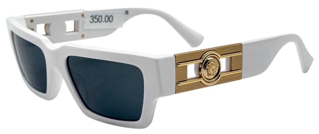 VERSACE 0VE4459 WHITE MEDUSA SUNGLASSES SET: Versace OVE4459 sunglasses featuring white rectangular frames, dark grey lenses, and gold-tone Medusa temple accents. Made in Italy, model 4459 color code 314/87, size 54.18 140. Includes original Ver