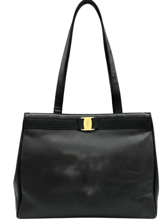 SALVATORE FERRAGAMO BLACK LEATHER TOTE 13": Elegant Salvatore Ferragamo black textured leather tote featuring the iconic gold-tone Gancini clasp and dual shoulder straps. This timeless Italian-made handbag offers a spacious interior and sophist