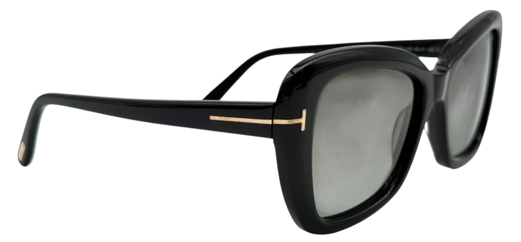 TOM FORD MAEVE TF1008 OVERSIZED SUNGLASSES: Tom Ford Maeve TF1008 ECO 01B oversized sunglasses featuring a glossy black acetate frame with gradient gray lenses and gold-tone signature 'T' temple accents. Model TF1008 ECO 01B, size 55.17 140, ma