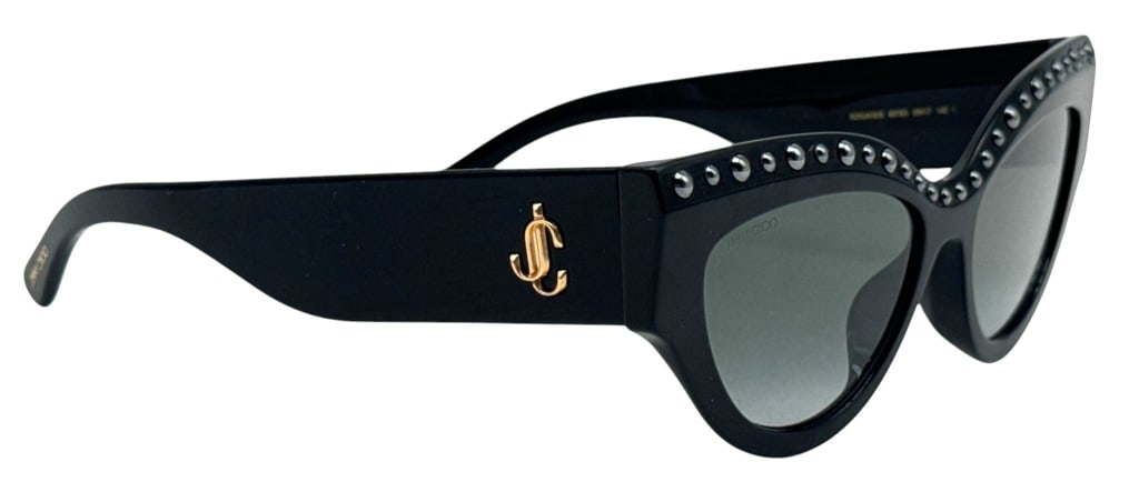 JIMMY CHOO SONJA/G/S STUDDED CAT-EYE SUNGLASSES: Jimmy Choo Sonja/G/S 8079O cat-eye sunglasses featuring a black acetate frame with silver-tone stud embellishments across the browline and dark gradient lenses. Gold-tone JC logo accents on the temple