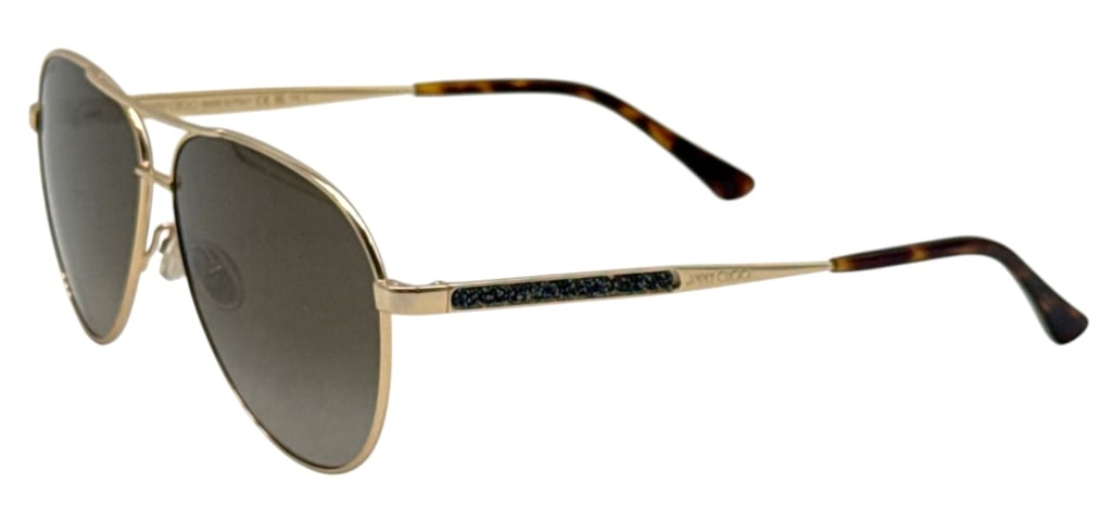 JIMMY CHOO JIMENA/S AVIATOR GOLD TONE SUNGLASSES: Jimmy Choo Jimena/S sunglasses featuring a gold-tone metal aviator frame with dark gradient lenses and tortoise-pattern temple tips. The temples include black crystal accents, and the frame is marked 