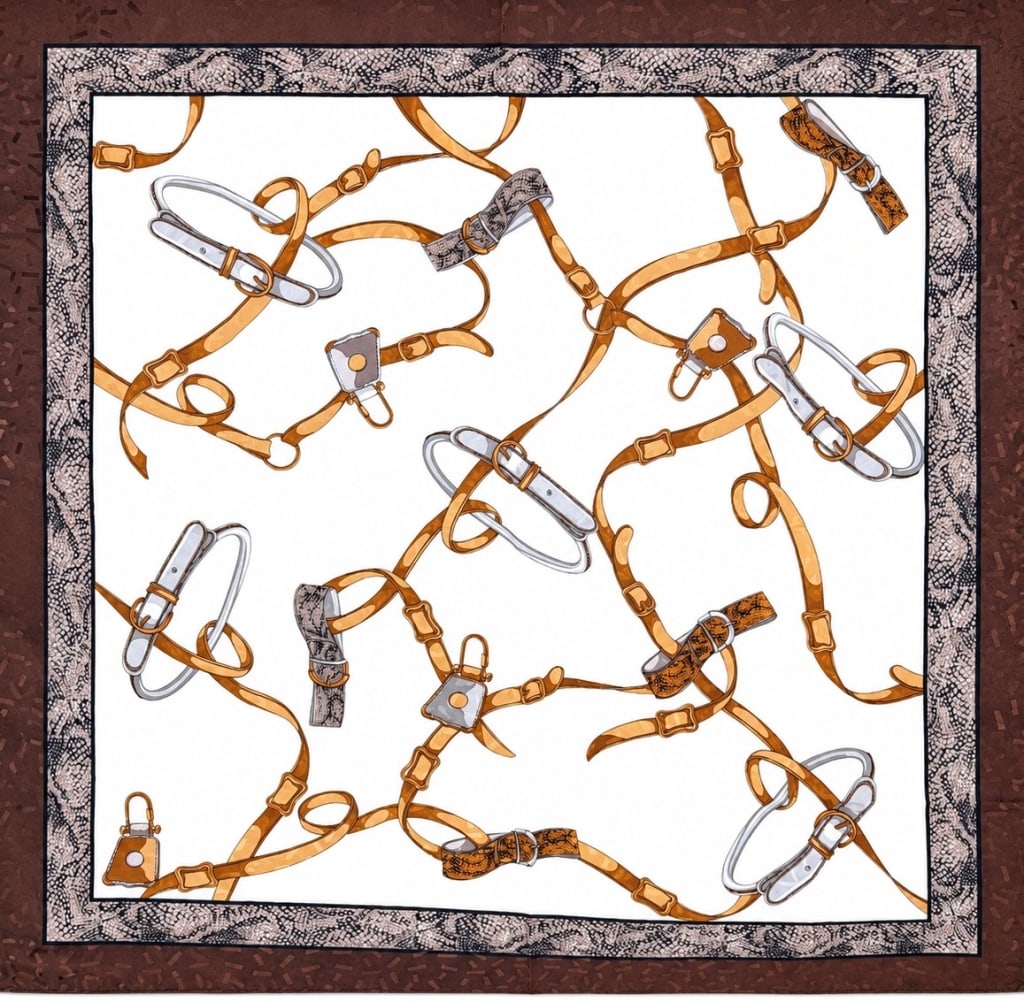 EQUESTRIAN PRINT SATIN SCARF 35IN: This square satin scarf features a classic equestrian-inspired design with intertwined riding tack, stirrups, buckles, and harness motifs in shades of tan, silver, and brown set against an ivory field