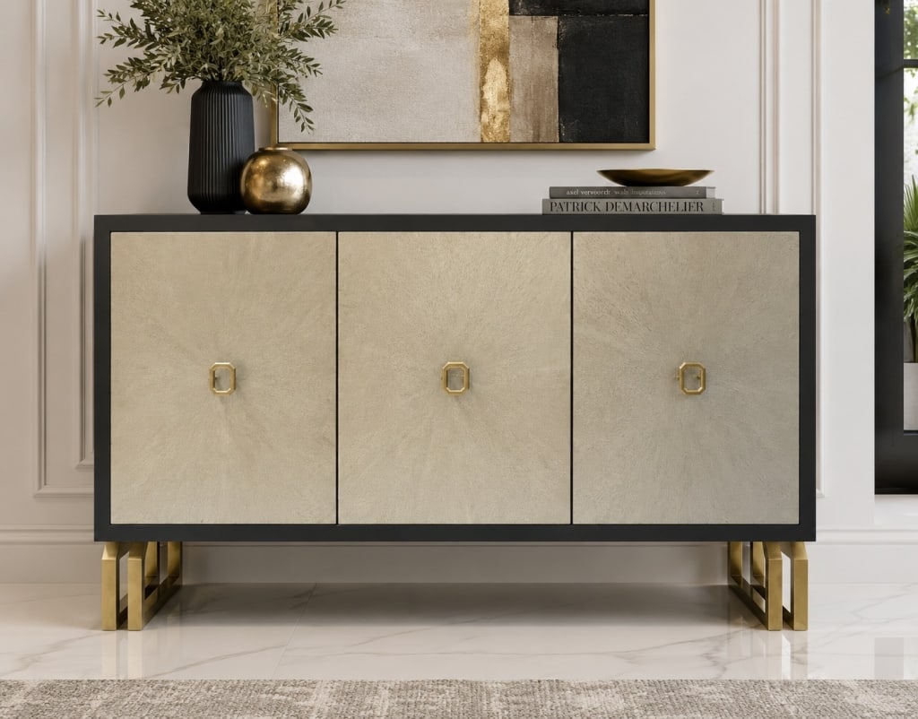 MODERN THREE DOOR CREDENZA CABINET 56in: Modern three-door credenza cabinet featuring a black case with textured cream-toned door panels accented by geometric gold-tone hardware. The cabinet is raised on sculptural metal legs with a warm met