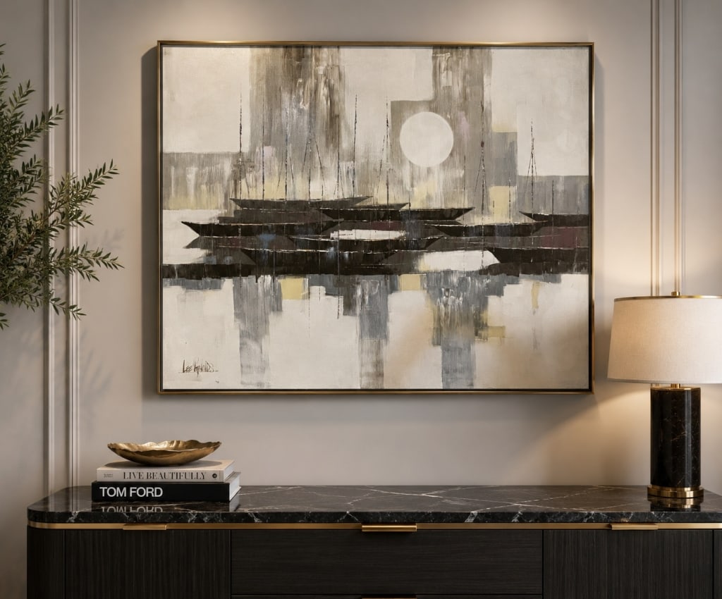 LEE REYNOLDS HARBOR ABSTRACT PAINTING 60in: Large contemporary harbor scene painting depicting a fleet of sailboats rendered in an abstract expressionist style. Executed in a sophisticated palette of grays, creams, taupes, and soft metallic ton