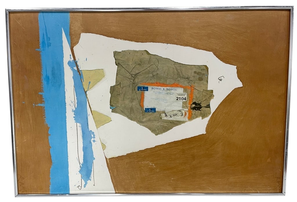 AFTER MOTHERWELL BOWES & BOWES PRINT 28in: Print after Robert Motherwell featuring layered paper elements, painted passages, and incorporated ephemera including a Bowes & Bowes mailing label. The abstract arrangement combines torn paper, gestu