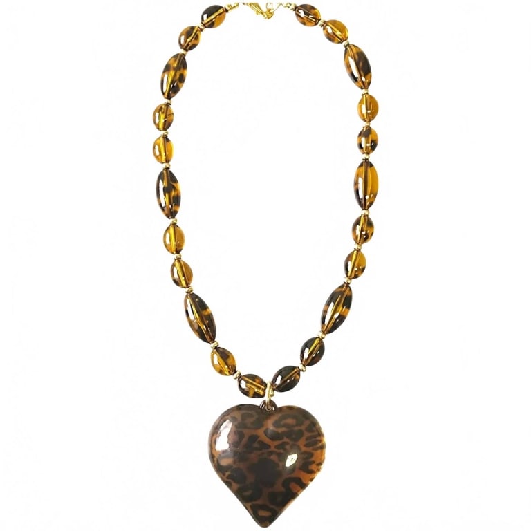 Chunky Tortoise Heart Necklace Handmade: ?Name: Ajai Necklace | ?Length: 18" + 3" Chain Extender | ?Weight: 2.5 Ounces | ?Lightweight Glass Beads in Tortoise Shell | ?Chunky Tortoise Heart Pendant | ?Lobster Claw Clasp | ?Vintage 14k Gold Pl