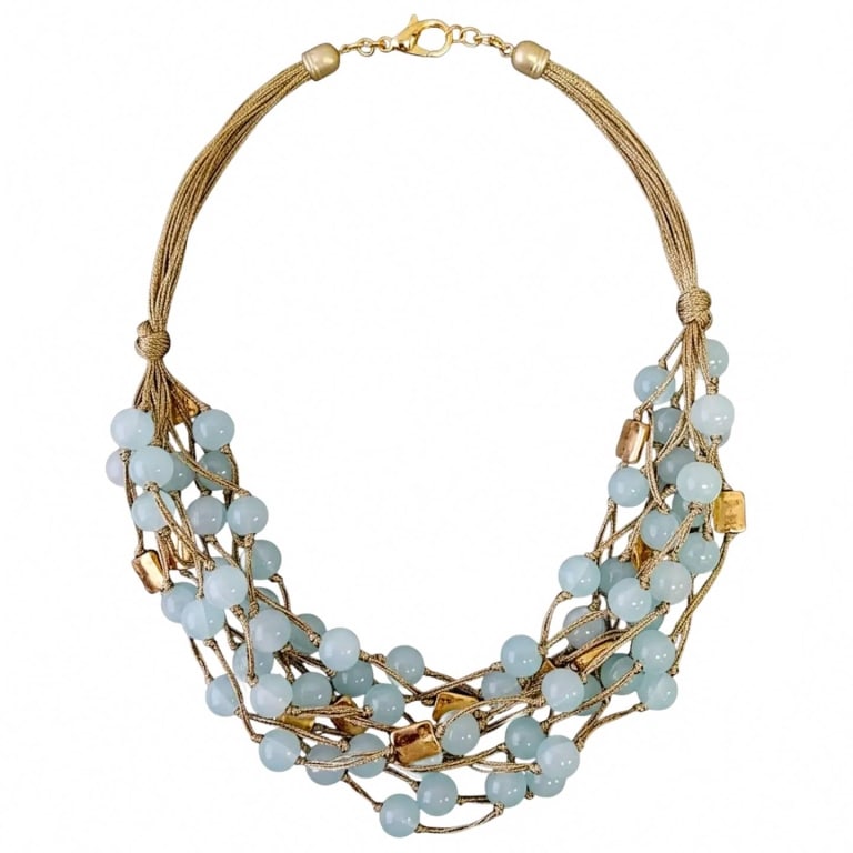 Chunky Blue Beaded Handmade Necklace: Elegant multi-strand necklace featuring gold braided cords and clusters of light blue round beads with gold accent beads. This statement piece offers a sophisticated, layered look and a secure lobster