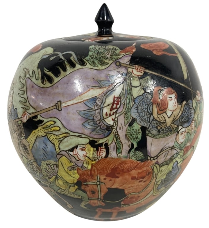 CHINESE SATSUMA STYLE COVERED JAR 9in: Chinese covered ceramic jar featuring a rounded form with a pointed finial lid and richly hand-painted figural scenes depicting warriors, attendants, horses, and banners within a landscape. Executed i