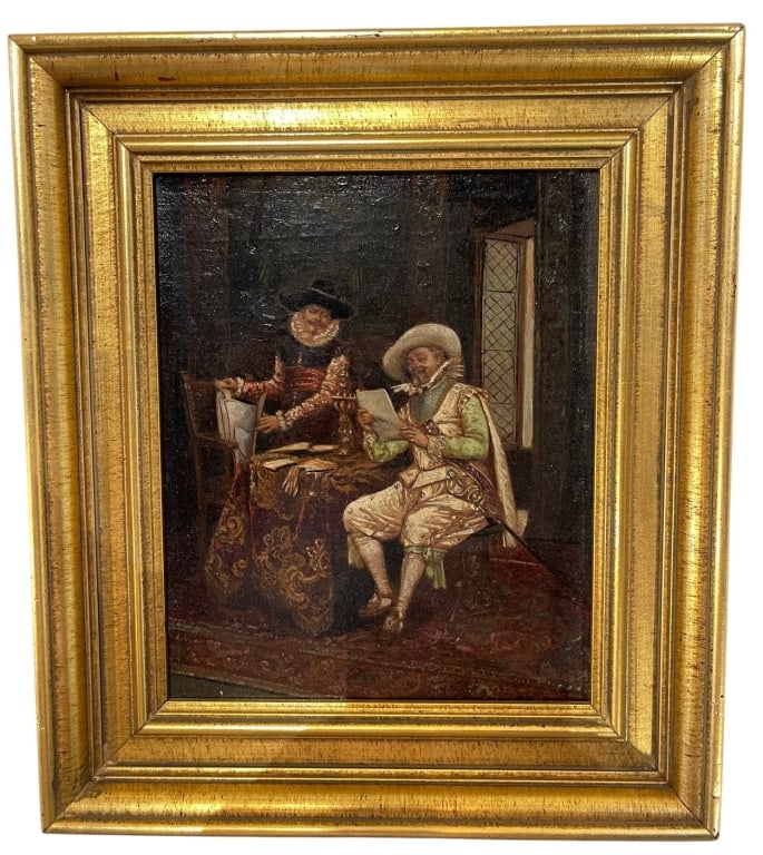 CHARLES BUSSON OIL ON CANVAS 12in: Oil on canvas genre painting by Charles Busson (1822-1908) depicting two finely dressed 17th-century figures reading correspondence within an interior setting. The detailed composition features rich p