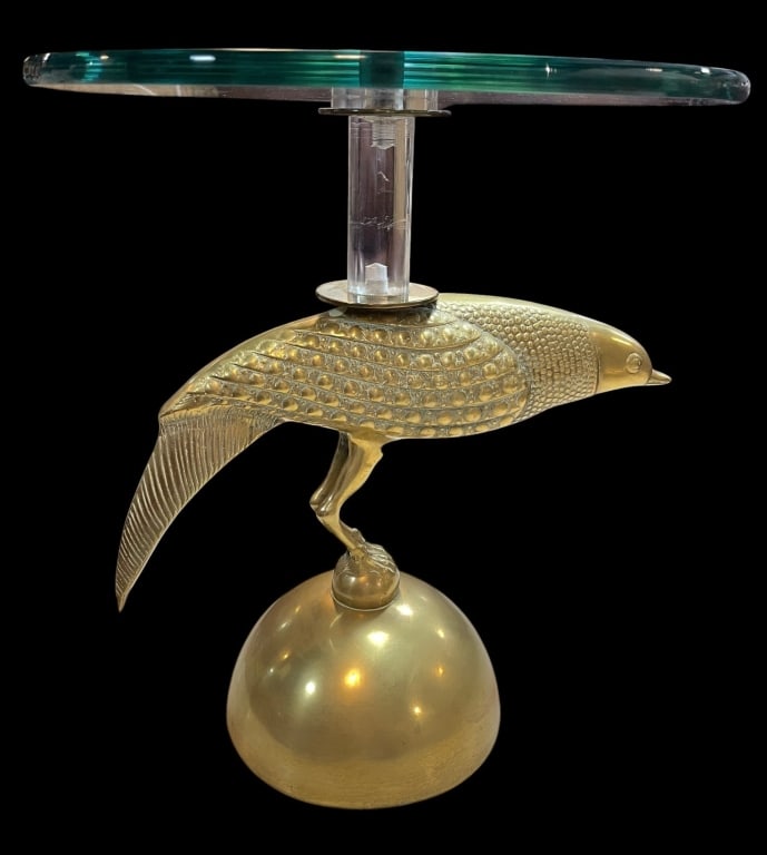 BRASS PHEASANT GLASS TOP ACCENT TABLE 17in: Decorative accent table featuring a sculptural brass pheasant standing on a domed base supporting a round glass top with a clear acrylic pedestal mount. The pheasant is finely detailed with textured f