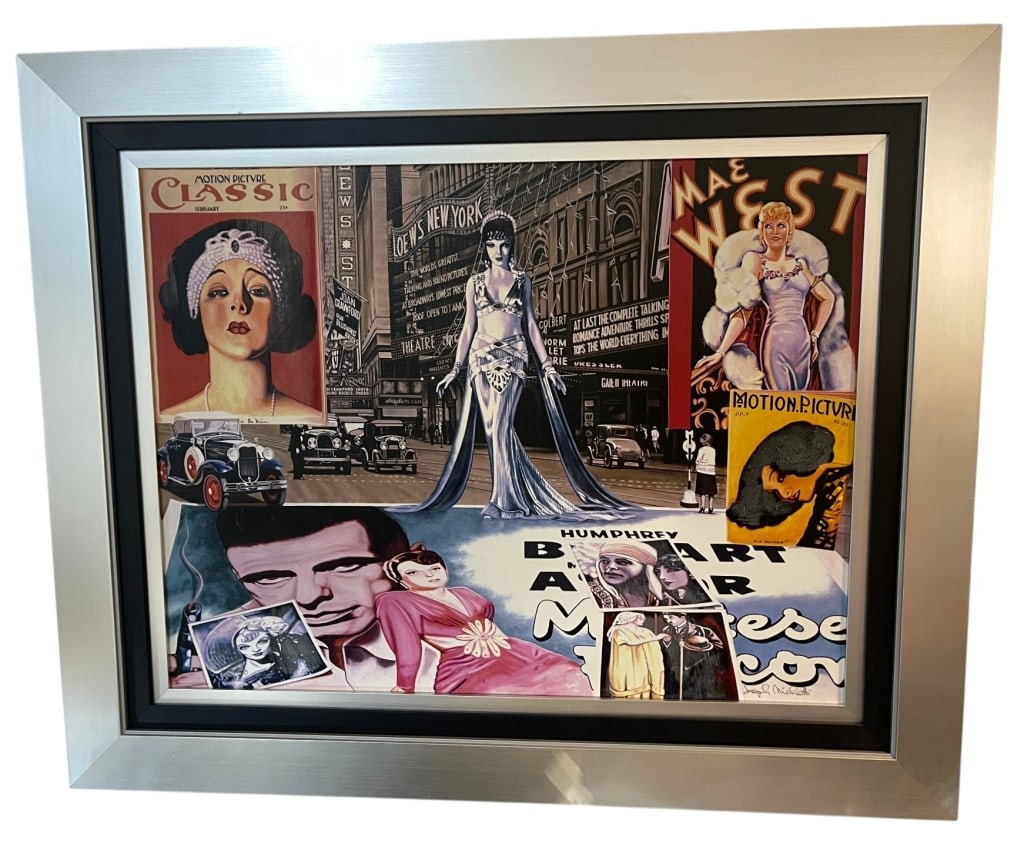 SIGNED HOLLYWOOD COLLAGE CANVAS PRINT 33in: Signed canvas print featuring a Hollywood-themed collage of iconic film stars, vintage movie posters, classic automobiles, Broadway marquees, and cinematic imagery. The colorful composition celebrates