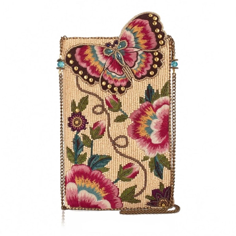 NEW MARY FRANCES BUTTERFLY GARDEN BAG: Step into something beautiful. The Butterfly Garden crossbody is a hand-beaded botanical dream, bursting with vibrant embroidered blooms and crowned with a stunning sculptural butterfly that looks lik