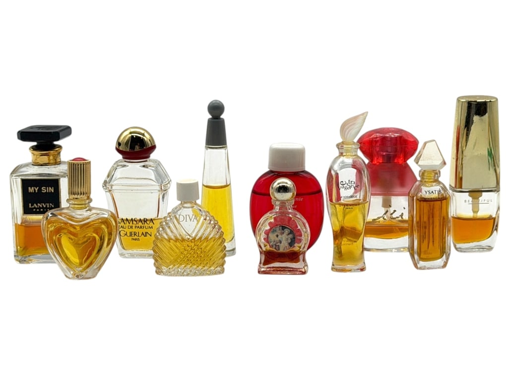 10 DESIGNER PERFUME MINIATURES LOT 3in: Collection of ten vintage designer perfume miniatures including examples from Lanvin My Sin, Guerlain Samsara, Givenchy Ysatis, Givenchy Extra Vagance d'Amarige, Elizabeth Arden Beautiful, and additio