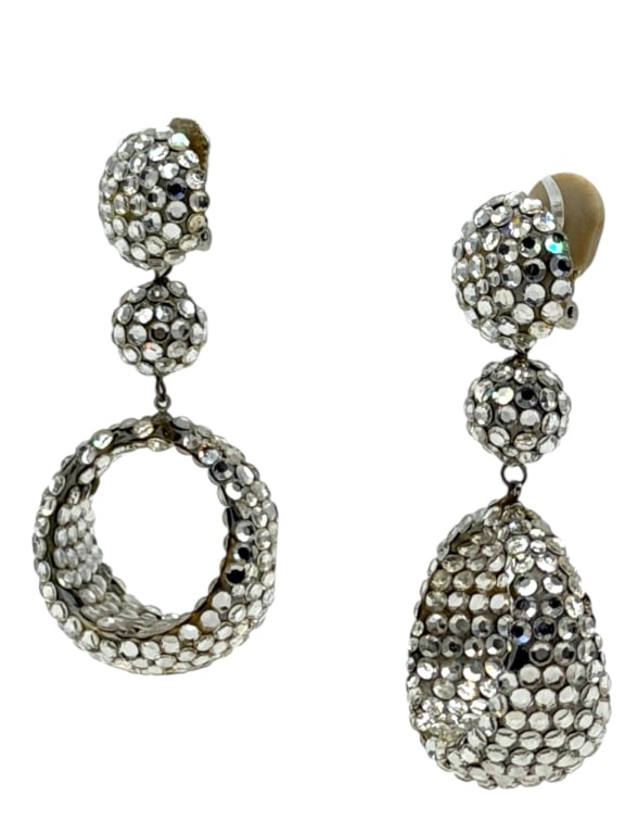 RICHARD KERR RHINESTONE EARRINGS 3in: Vintage Richard Kerr clip-on earrings dating to the 1980s, featuring the designer's signature pav? rhinestone construction. Each earring is composed of graduated domed elements suspending a dimensiona
