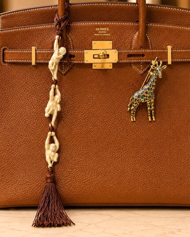 JUNGLE THEME JEWERLY & BAG CHARM LOT 15in: Decorative vintage accessory lot featuring an unattributed giraffe figural pin together with a Chinese decorative tassel door pull or handbag charm retailed by Gumps of San Francisco in the late 1990s