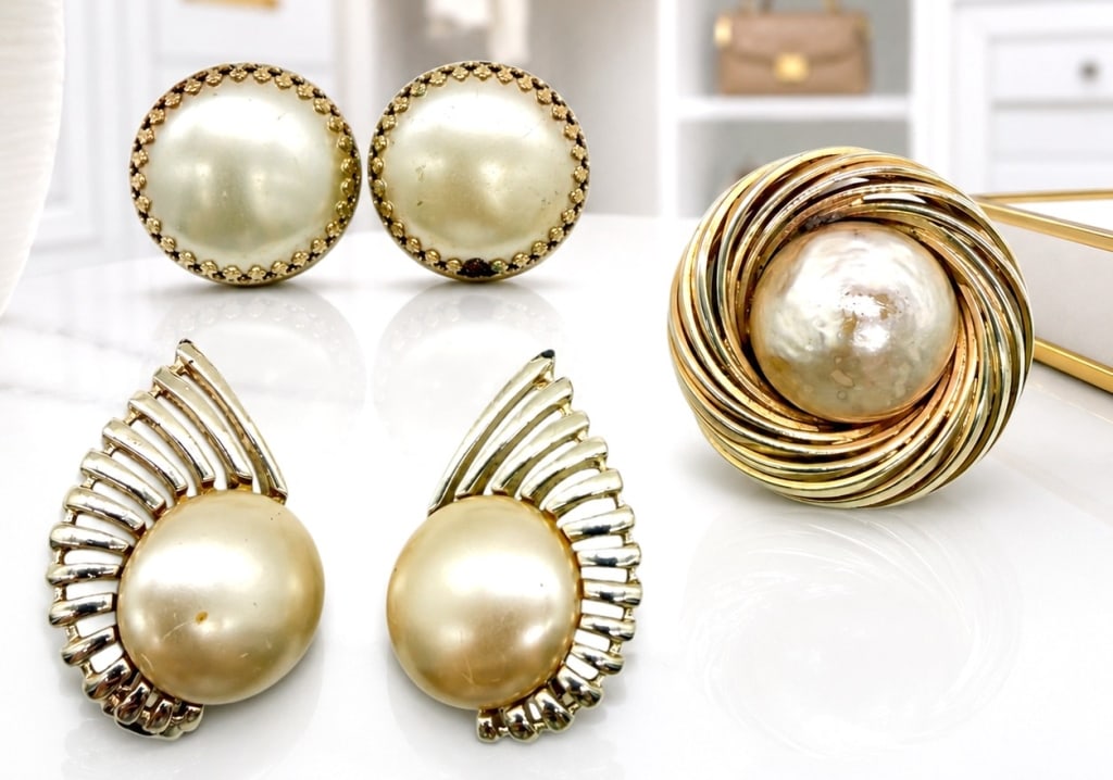 MARVELLA PEARL BROOCH & EARRING LOT 2IN: Vintage jewelry lot featuring a signed Marvella gold plated brooch set with a genuine cultured pearl, together with two pairs of faux pearl clip-on earrings. The Marvella brooch showcases a lustrous c