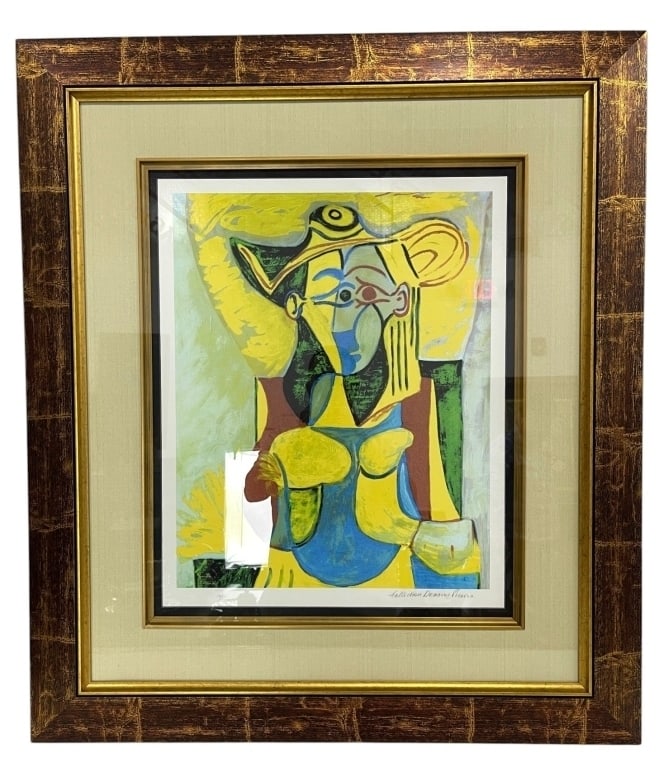 PICASSO COLLECTION DOMAINE FRAMED PRINT 37in: Color print after Pablo Picasso featuring a stylized Cubist portrait rendered in vibrant shades of yellow, blue, green, gray, and black. The lower margin is pencil signed "Collection Domaine Picasso,"
