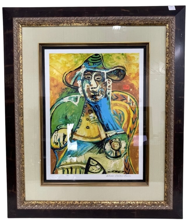 PICASSO COLLECTION DOMAINE FRAMED PRINT 38": Color print after Pablo Picasso featuring a Cubist portrait rendered in bold shades of blue, green, yellow, ochre, black, and white. The lower margin is pencil signed "Collection Domaine Picasso," ide