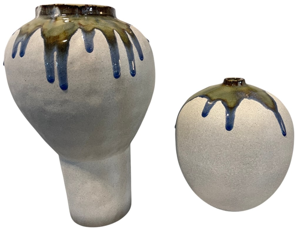PAIR MODERN STUDIO POTTERY VASES 14.5": Pair of contemporary studio pottery vases featuring rounded organic forms with matte stoneware bodies and flowing reactive glaze decoration in olive green and cobalt blue. The complementary designs in
