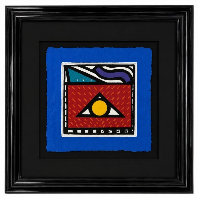 ARTIST SIGNED GEOMETRIC ABSTRACT MIXED MEDIA 26in: Artist signed abstract mixed media composition featuring bold geometric forms rendered in vibrant shades of cobalt blue, red, yellow, teal, purple, black, and white. The modern design incorporates lay