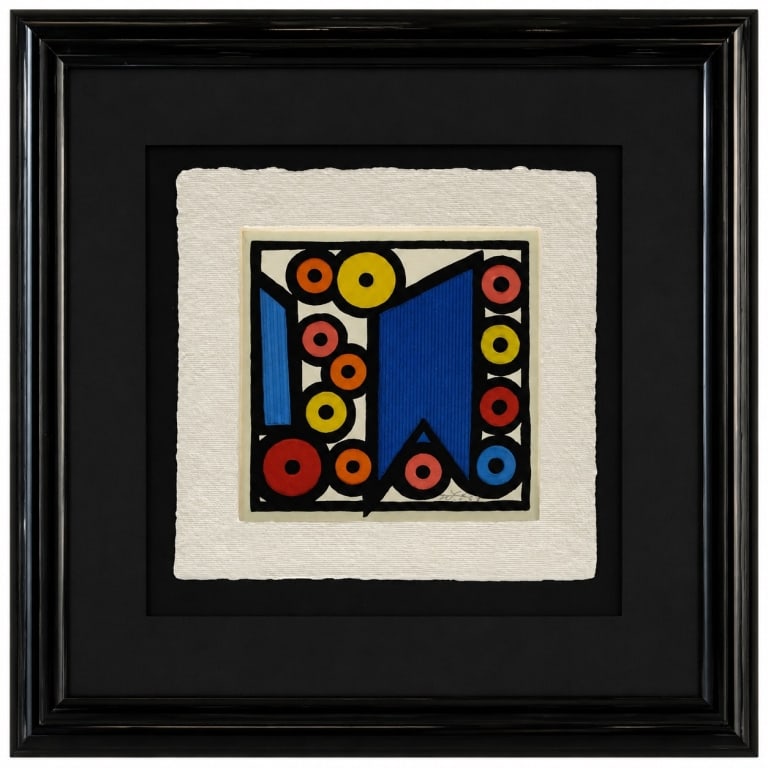 ARTIST SIGNED GEOMETRIC ABSTRACT MIXED MEDIA 26in: Artist signed abstract mixed media composition featuring bold geometric forms arranged in a balanced modernist design. Executed in vibrant shades of cobalt blue, red, orange, yellow, black, and white,