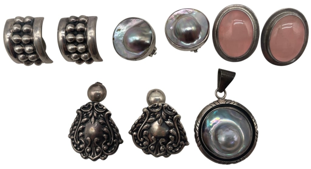LOT OF 9 STERLING SILVER JEWELRY PCS 82.1G 3in: Lot of seven silver jewelry pieces including four pairs of clip-on earrings and one pendant. The assortment features wide beaded silver earrings, mother-of-pearl clip earrings, pink cabochon clip earr