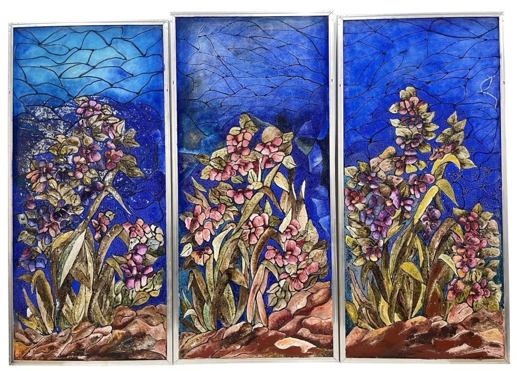 THREE FLORAL STAINED GLASS STYLE ART PANELS 43in: Decorative set of three framed painted art panels featuring vibrant floral compositions against richly textured cobalt blue backgrounds. Each vertical panel depicts blooming flowers with hand-painted 