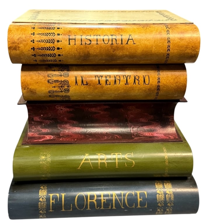 LARGE ITALIAN FAUX BOOK METAL STORAGE CHEST 18in: Large decorative Italian hand-painted metal storage box designed to resemble a stack of antique leather-bound books. Features richly detailed faux book spines with titles including Historia, Il Teatro