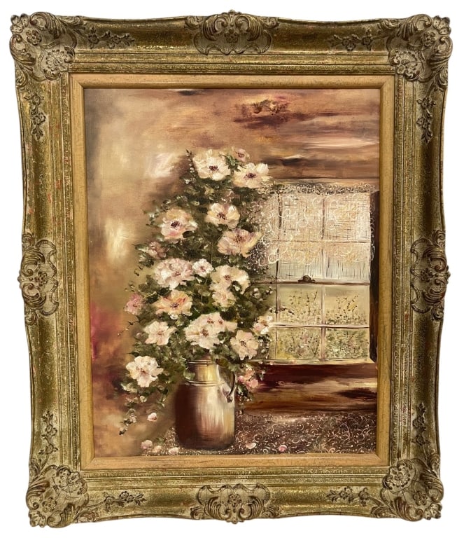 FLORAL STILL LIFE OIL PAINTING 36in: Decorative oil painting on canvas depicting a lush bouquet of soft white blossoms arranged in a metal pitcher beside a sunlit window draped with lace curtains. Executed in warm earth tones with expres