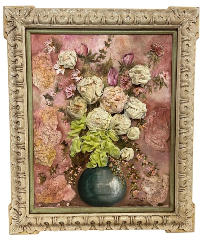 SIGNED FLORAL MIXED MEDIA ART 38in: Original signed mixed media floral artwork dated 1986, featuring a richly textured bouquet of roses and blossoms arranged in a deep green vase against a soft pink background. The composition incorpora
