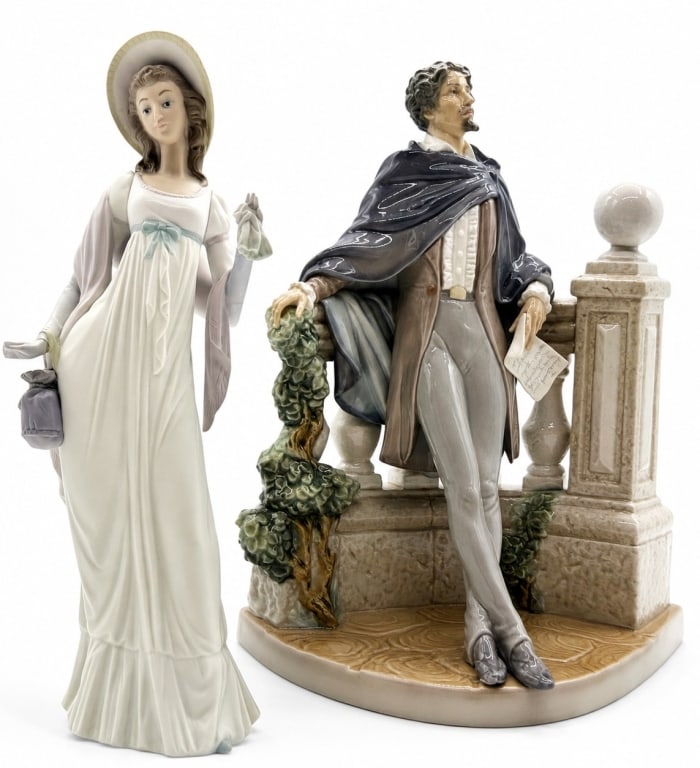 LLADRO DAINTY LADY & THE POET LOT 13in: Offered as a two-piece Lladro porcelain figurine lot including Dainty Lady model 4934 and The Poet model 5397. Dainty Lady depicts an elegant Regency-era woman in a flowing Empire waist gown with matc