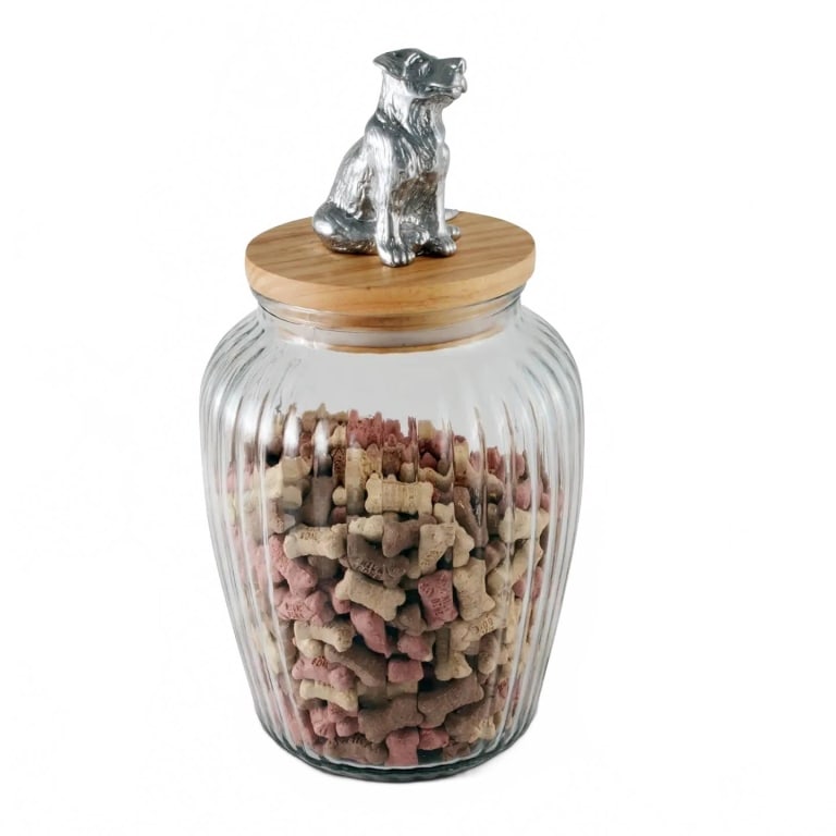 NEW ARTHUR COURT DOG TREAT JAR: Lovely glass jar is topped with an environmentally sustainable Acacia wood lid. Detailed metal art in aluminum, a cute pup waiting for a treat, tops the jar. A premium silicone sealing ring with an ai