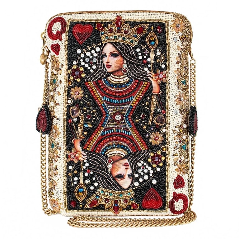 NEW MARY FRANCES THE QUEEN BAG: All hail the queen when you wear the couture queen of hearts playing card beaded mini masterpiece. Get ready for purse envy! Purse Dimensions: 6.25 x .75 x 9.25", Strap Length: 49", Strap Drop: 23", F