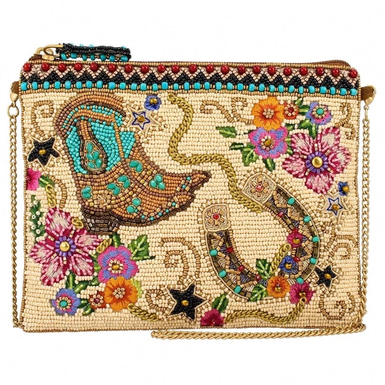 NEW MARY FRANCES ON THE RANGE BAG: Yeehaw, style star! On the Range purse is bringing rodeo-ready glam with its beaded boot, lucky horseshoe, and a whole posse of wildflower flair. It?s country charm with a sparkly twist?perfect for tw