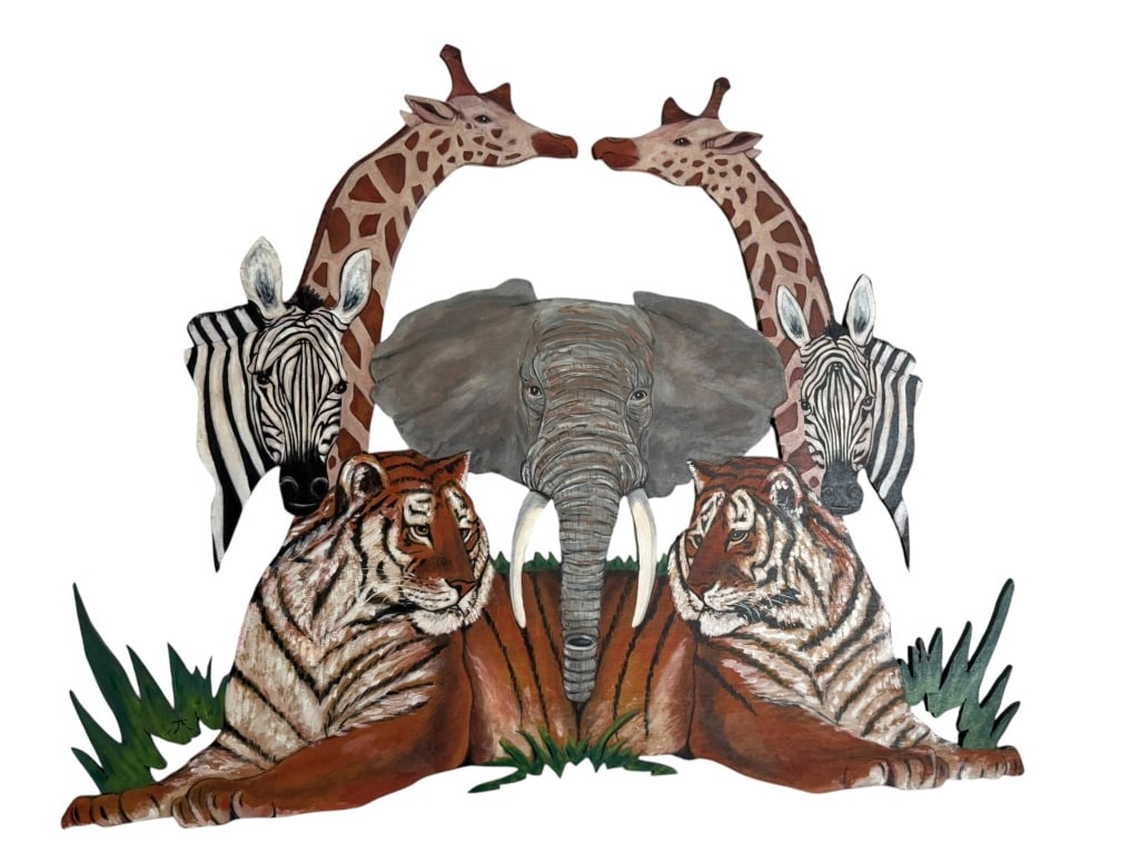 WOODEN WALL DECOR AFRICAN SAFARI ANIMALS 54": Hand-painted wooden wall decor depicting two tigers, an elephant, two zebras, and two giraffes. Features vibrant animal imagery. 54"L X 40"h. | Shipping Available at www.DeJaVuAuctionShipping.com By b