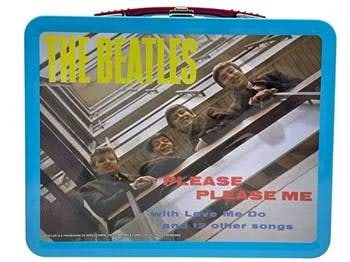 THE BEATLES PLEASE PLEASE ME LUNCHBOX: The Beatles lunchbox featuring the 'Please Please Me' album cover art, constructed with a blue frame and handle. Includes image and text from the album. Shipping Available at www.DeJaVuAuctionShipping