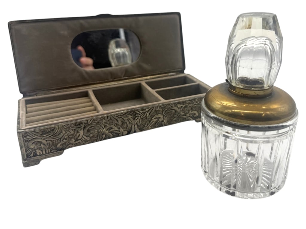VINTAGE CRYSTAL INKWELL & ORNATE DESK BOX 8": Charming vintage desktop accessory lot featuring a crystal inkwell with brass-tone mount and faceted crystal stopper together with an ornate decorative desk box. The crystal inkwell showcases elegant 