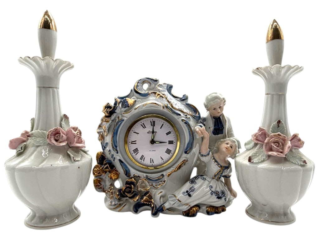 PORCELAIN MANTEL CLOCK & CANDLEHOLDERS SET 11" (1 of 3)