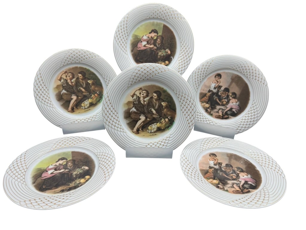HUTSCHENREUTHER GERMANY DECORATIVE PLATES SET: Six Hutschenreuther Germany decorative plates. Each plate features detailed scenes with children and a gold-accented border. Hutschenreuther Germany mark. Shipping Available at www.DeJaVuAuctionShippi
