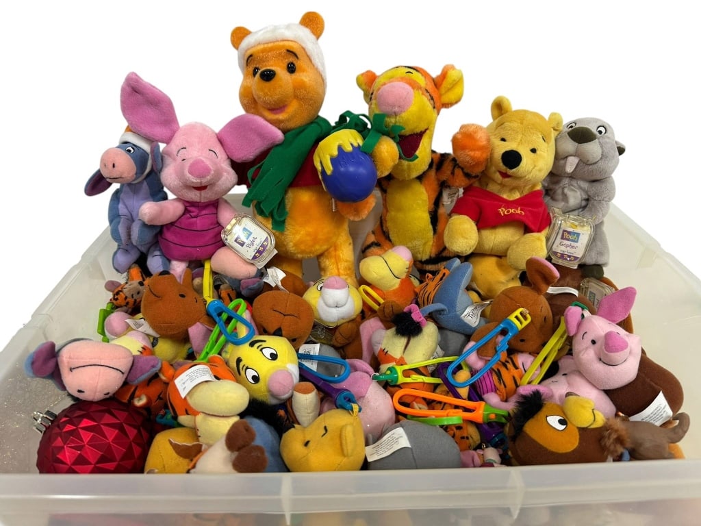 DISNEY WINNIE THE POOH PLUSH TOY LOT: Multiple Disney plush toys featuring Winnie the Pooh, Tigger, Piglet, and Eeyore characters. Assorted sizes and styles. Shipping Available at www.DeJaVuAuctionShipping.com By bidding in this auction y