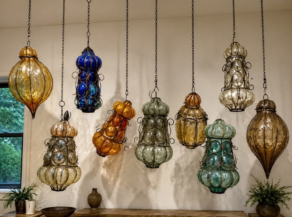 LARGE LOT OF IRON WRAPPED BLOWN GLASS LANTERNS 10 (1 of 12)