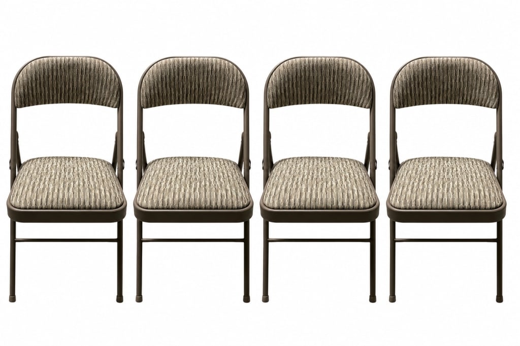 SET OF 4 FOLDING UPHOLSTERED CHAIRS 30": This lot features a set of four matching folding chairs with padded upholstered seats and curved padded backrests. The chairs have sturdy metal frames in a dark bronze-tone finish and are upholstered 