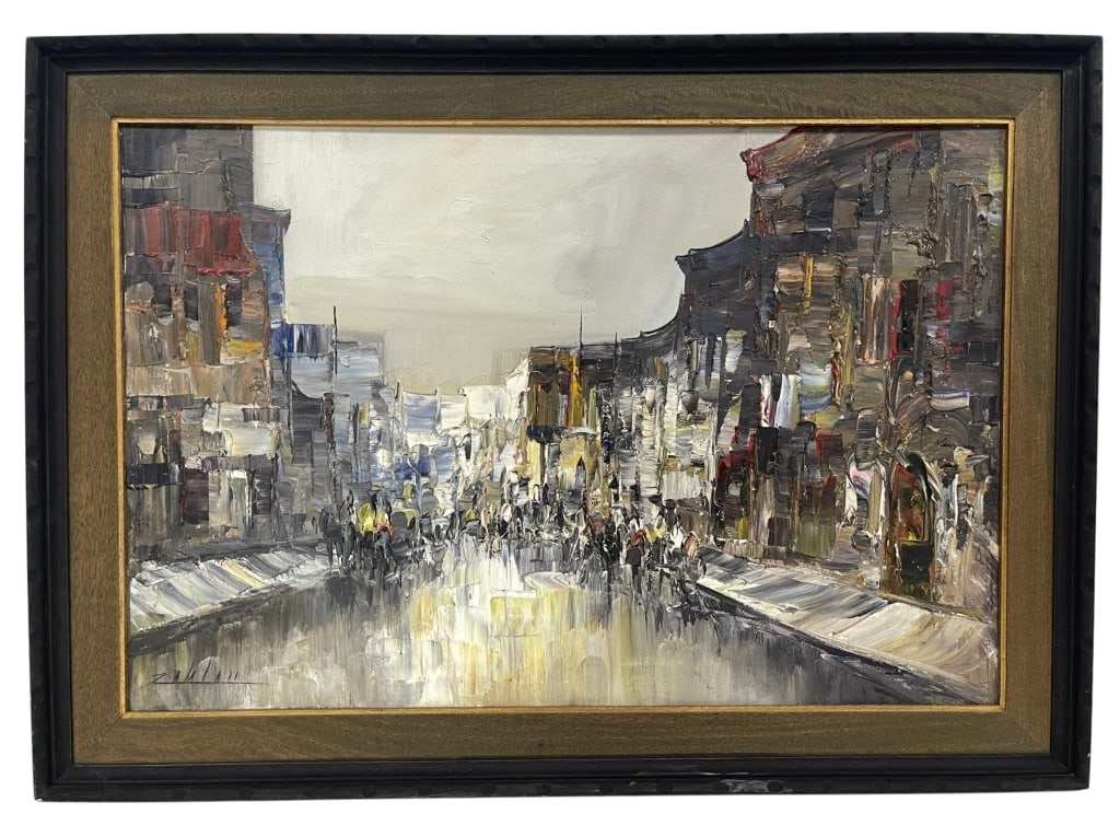 ABSTRACT IMPASTO CITYSCAPE OIL PAINTING 42": Striking original abstract cityscape oil painting executed in a bold impasto technique with heavy palette knife application. The composition depicts a bustling urban street scene with figures, storefr