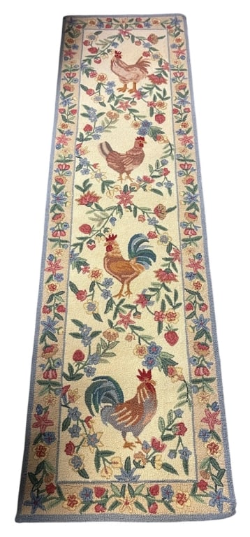 ROOSTER & FLORAL RUNNER RUG 95": Charming runner rug featuring a delightful country farmhouse design with colorful roosters, hens, and floral motifs set against a cream background. The rug showcases four poultry figures surrounded by