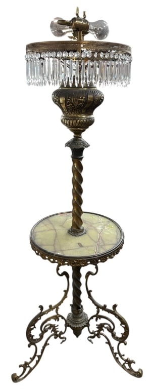 ANTIQUE BRASS & CRYSTAL PARLOR FLOOR LAMP 59": Elegant antique-style floor lamp featuring an ornate cast brass frame with a twisted center column, decorative scrolling tripod base, and a circular marble inset shelf. The upper light is adorned with