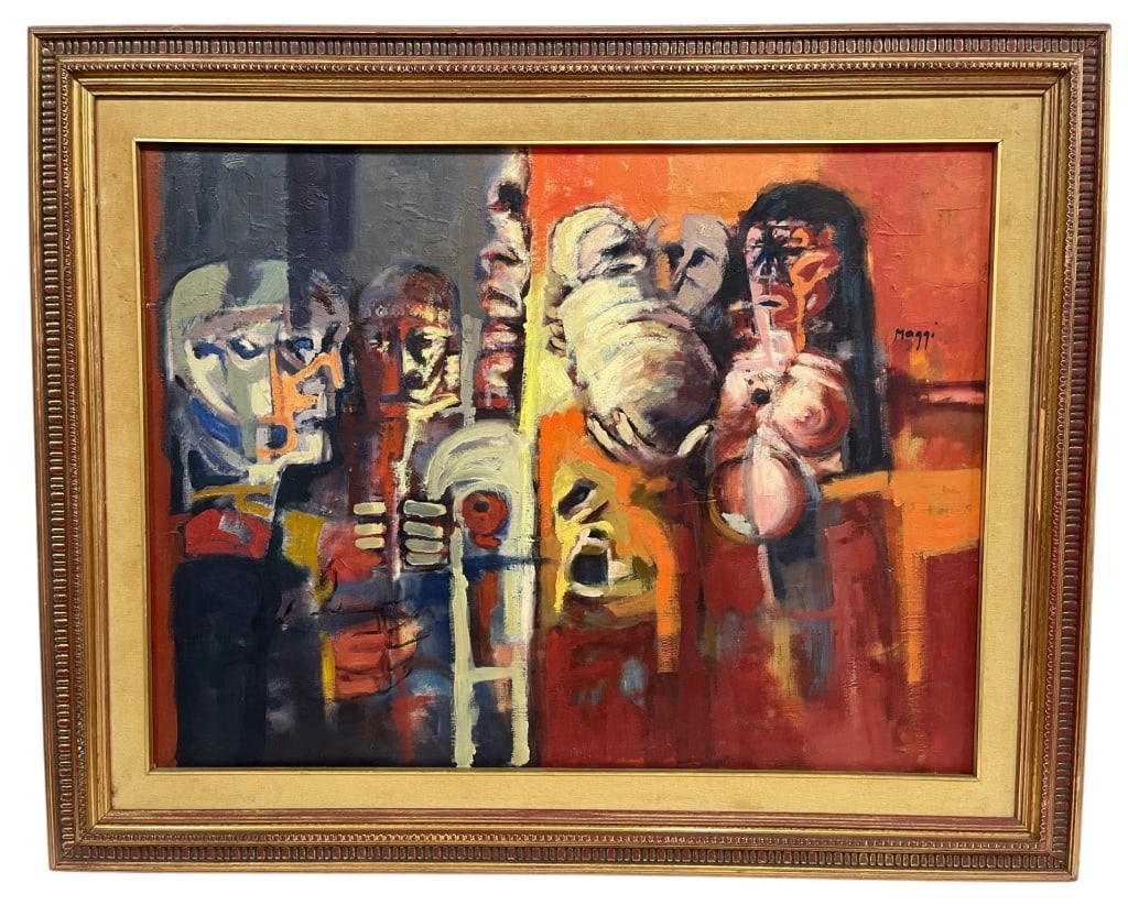ABSTRACT FIGURAL COMPOSITION OIL PAINTING 39": Striking mid-century modern style abstract figural composition rendered in oil on canvas. This expressive work features a dynamic arrangement of stylized faces, masks, and a female figure executed in 
