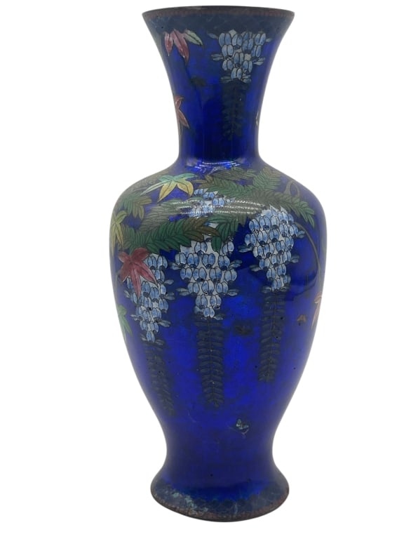 BLUE CLOISONNE VASE HANDPAINTED FLORAL DESIGN 12": DECORATIVE BLUE CLOISONNE STYLE METAL VASE WITH FLORAL AND FOLIAGE MOTIF LOT # 1522Elegant cloisonn?-style metal vase featuring a rich cobalt blue ground with detailed floral and foliage motifs in sof