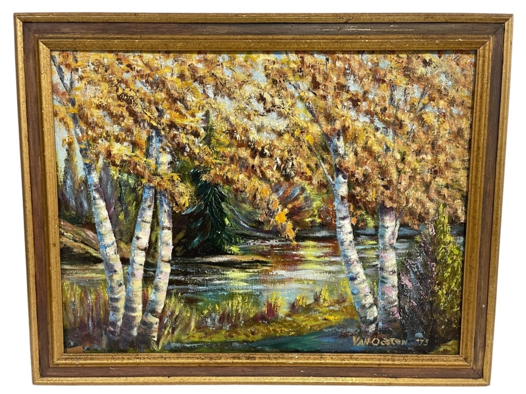 AUTUMN LANDSCAPE OIL PAINTING ON CANVAS 27": Beautiful original landscape painting depicting a tranquil pond bordered by birch trees in vibrant autumn foliage. Executed in rich impasto-style brushwork, the composition captures the warm golden to