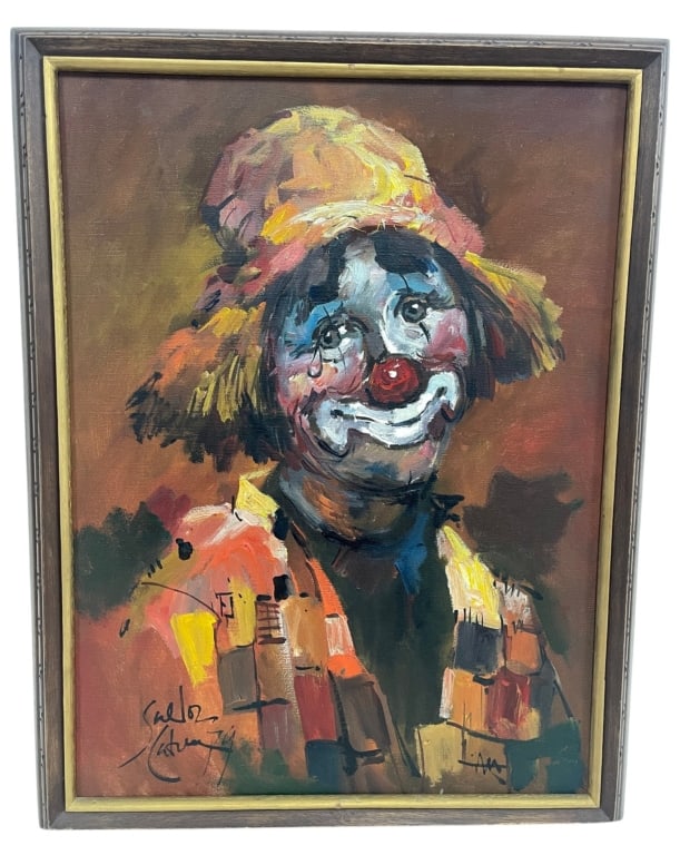 SIGNED CLOWN PORTRAIT OIL PAINTING 26": Expressive signed oil painting depicting a melancholy clown with colorful costume and dramatic facial features. Executed in a bold, impressionistic style with thick brushwork and a warm earth-tone bac