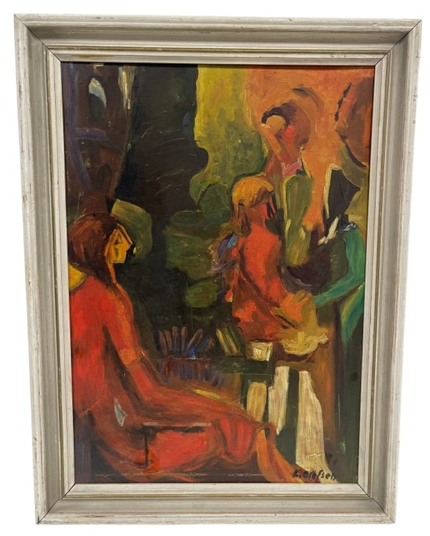FIGURAL INTERIOR OIL PAINTING SIGNED 23": Expressive mid-century style oil painting depicting a group of figures gathered in an intimate interior setting. Rendered with bold brushwork and a rich palette of warm reds, oranges, greens, and deep